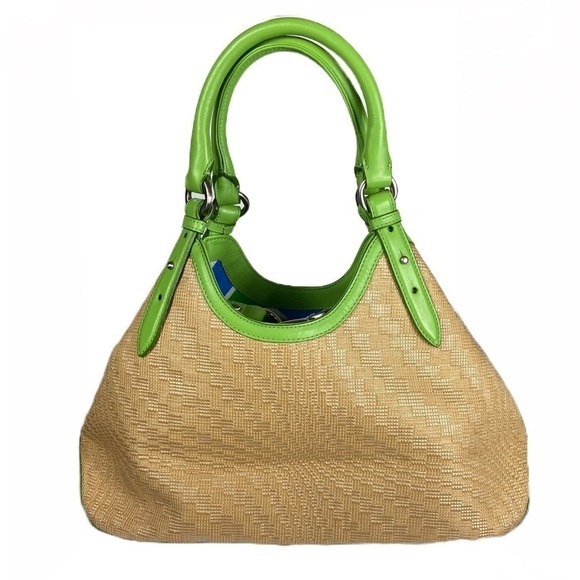 Cole Haan Triangle Tote Neutral/Kiwi Leather Genevieve Straw Hobo Bag - Picture 2 of 12